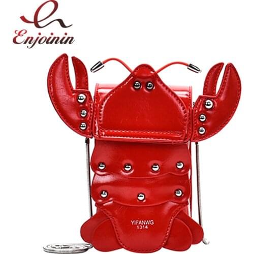 Novel Fashion Red Lobster Women Shoulder Bag Handbag Crossbody Mini Bag Clutch Bag Young Girls Chain Purse Pu Leather Pouch