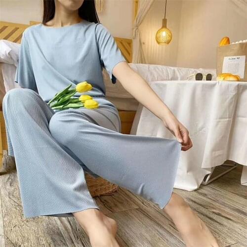 New Ice Silk Short Sleeve Trousers Women Pajamas Set 2021 Spring Summer Home Suit Loose Female Sleepwear Nightgown Nightwear