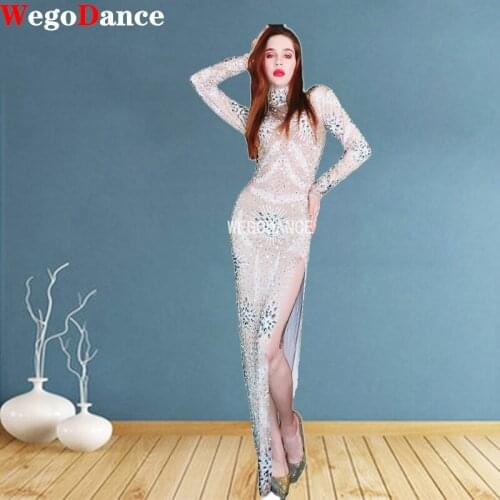 New Women Crystal Dress Birthday Party Dress Dancer Costume Naked Mesh Feather Print Prom Ball Clothing