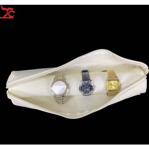 New Soft Beige PU Bangle Jewelry Display Case PU Zipper Roll Bag Watch Holder Bracelet Chain Jewelry Oraganizer Travell Bag
