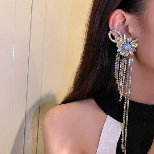 Origin Summer Hip Hop Big Crystal Flower Dangle Earrings for Women Ladies Long Shinning Rhinestone Tassel Earrings Accessories
