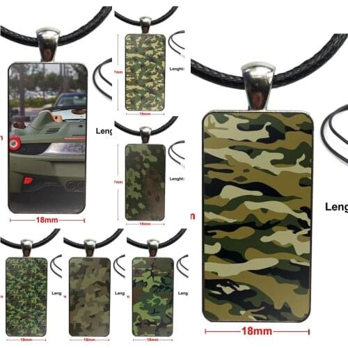 Necklace With Steel Plated Glass Cabochon Choker Long Pendant Rectangle Necklace For Wedding Army Green Camouflage Pattern