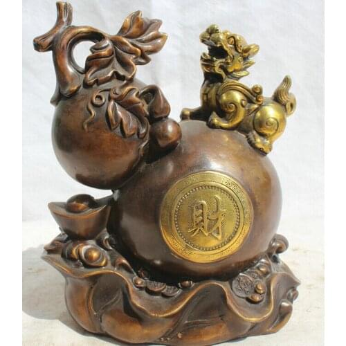 Song voge gem S2281 11" Chinese Bronze Gild Folk Wealth Pi Xiu Unicorn Beast calabash cucurbit gourd