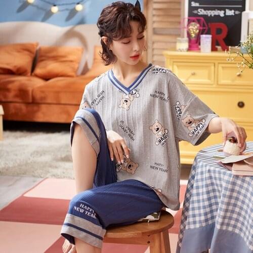 Sleepwear Nightie Home Suit Lounge Wear Xxxl 4Xl Women Pajamas Cotton Two Pcs Set Summer Tops Knee Length Shorts Pijama