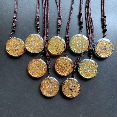 Chakra Crystal Chips Tumblestones Pendant Round Flower of Life Hexagram Orgonite Resin Necklace Adjustable Chain Ornaments 1pc