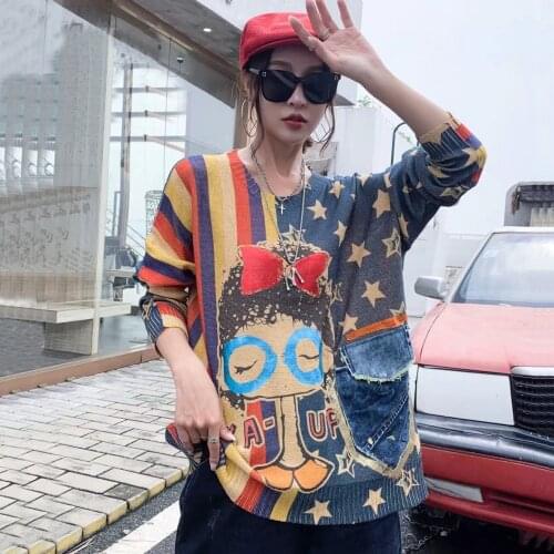 21816 High Street style Autumn Star Stripe print Bronzing Denim Pocket Knitted Pullover Casual Personality Thin Sweater Top Tide