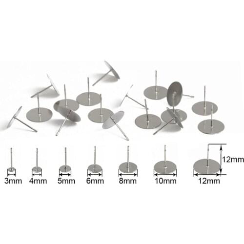 100pcs Stainless Steel Blank Earring Stud Base 3 4 5 6 8 10 12mm Cabochon Cameo Settings DIY Jewelry Making Material Supplies