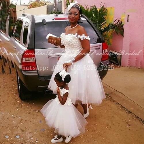 White Tulle 3D-Floral Appliques Wedding Dress 2021 Tea Length A Line Off Shoulder Bridal Dresses Formal Vestidos De Novia