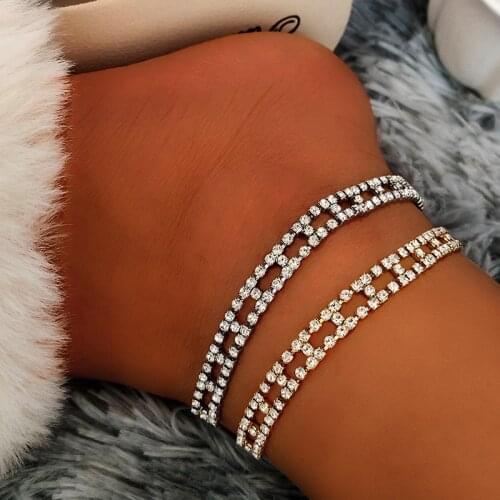Hip Hop Geometric Rhinestone Tennis Anklet For Women Simple Bling Double Layer Crystal Ankle Chain Barefoot Sandals Jewelry New