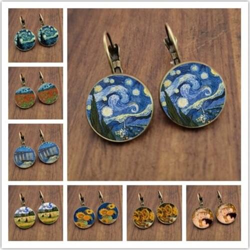 Van Gogh Earring Fashion France Stud Earrings Glass Cabochon Jewelry Starry Night Sunflower Ear Hook Women Girl Lover Gift