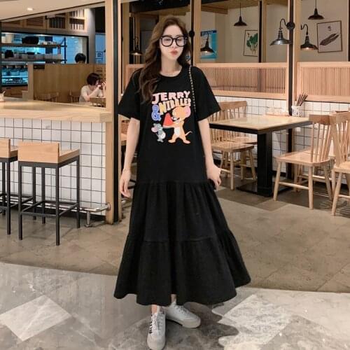 Womens clothing 2021 summer new long skirt cute cartoon Korean dress short sleeve medium length T-shirt womens loose