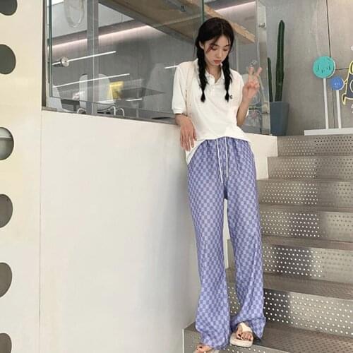 Women Wide Leg Pants Harajuku Vero Hip Hop Vintage Sweatpants Casual Loose Korean Plaid Purple Clothes Casual Straight Trousers