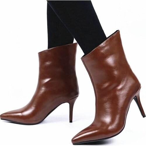 Womens New Mid Calf Boots Winter Loose Slip On Warm Shoes Women Sexy Stiletto High Heel Pointed Toe Plus Size Lady Short Boots