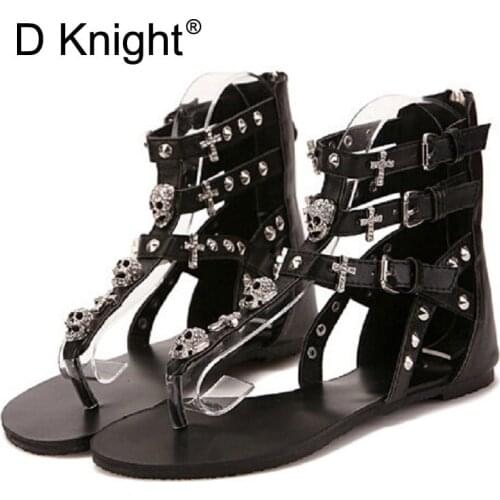 Women Studded Sandals Roman Black White Flat Gladiator Sandals For Woman Punk Skull Rivet buckle Strap Flip Flops with back zip