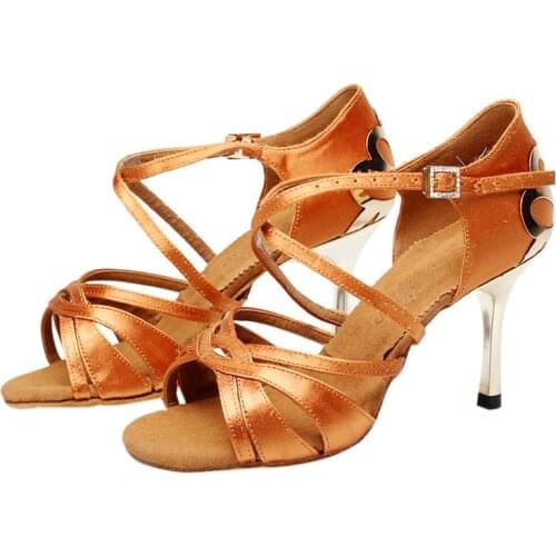 Short 5.5cm Gold Heel Women Latin Salsa Dance Shoes Tan Silk Satin Comfortable Women Salsa Bachata Latin Dance Shoes BD 2383