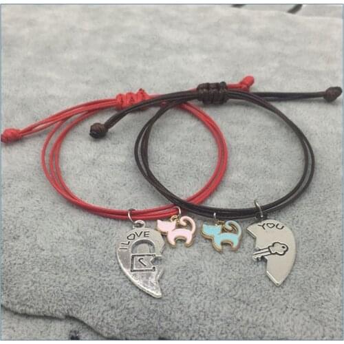 New Fashion Couple Bracelet Stitching Heart Bracelets Women Cute Cat Pendant Romantic Valentines Day present for Lovers