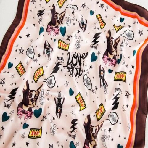 Women Cartoon Print Square Scarf Girls Dogs Print Star Letter Prints Neck Scarf Faux Silk Satin Neckwear Handkerchief 70*70cm