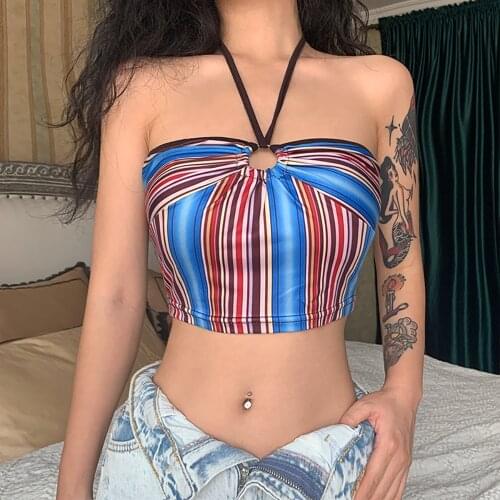 Vintage Colorful Striped Sexy Halter Neck Crop Top Summer Halter Lace Up Backless Hollow Out Female Camisole Tube Top Club Wear
