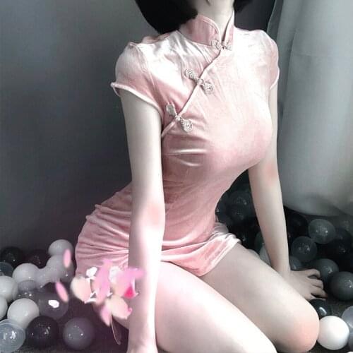 Chinese Short Sleeve Hem Split Punk Velvet Sexy Slimming Dress Diablo Girl Style Vintage Modified Velvet Cheongsam Buckle Dress