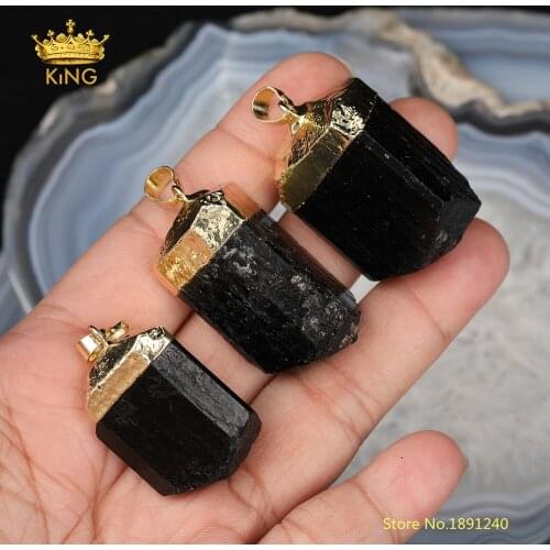 5pcs Nugget Black Tourmaline Pendants Jewelry Making Crafts,Natural Tourmaline Plated Gold Caps Stones Charms Necklace
