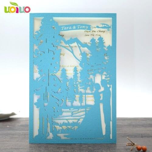 50pcs sky blue couple logo Laser cut wedding invitation cards ,marriage floral birthday Anniversary invitations card party Kits