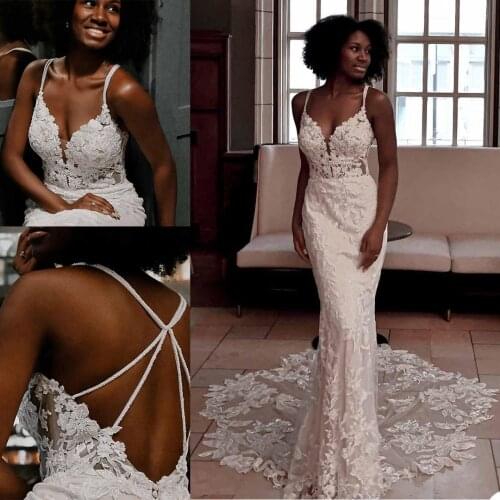 Africa Vintage Embroidery Wedding Dress Illusion Lace Bridal Gowns Mermaid Spaghetti Strap Pure White Sexy Wedding Robe