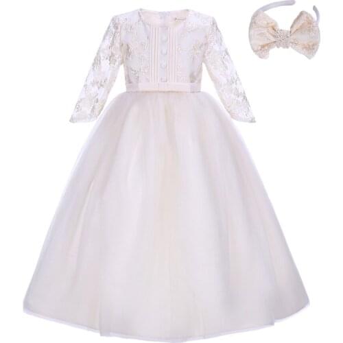 Wedding Party Birthday Ball Gown for Girl 2021 White Children Outfit Embroidery Size 2 3 4 5 6 7 Years Old with Headband