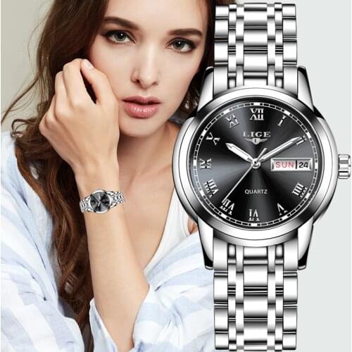 LIGE Fashion Women Watches Ladies Top Brand Luxury Stainless Steel Calendar Sport Quartz Watch Women Waterproof Bracelet Watch