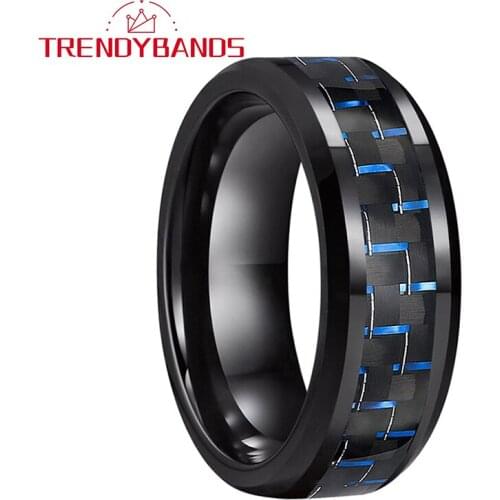 Black Tungsten Ring For Men Women Beveled Edges Blue Carbon Fiber Inlay Polished Finish 8MM Comfort Fit
