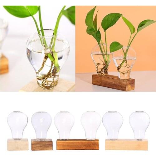 Terrarium Hydroponic Plant Vases Flower Pot with Wooden Frame , Glass Tabletop Plants Home Bonsai Decor
