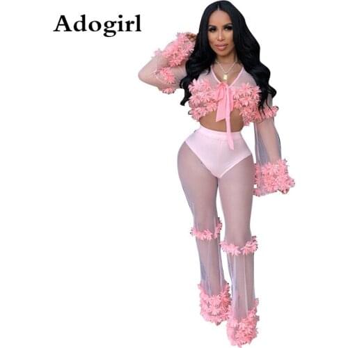 Floral Appliques Mesh See Though V-neck Crop Top +Wide Leg Flare Pants Suit Summer Two Piece Set Woman Sexy Outfits