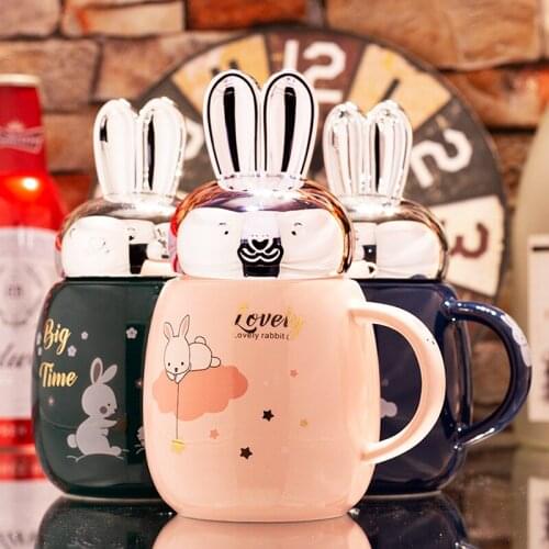 Cartoon Ceramic Mugs With Lovely Rabbit Ear Lid Korean Style Water Bottle Tea Coffee Milk Breakfast Fresh Cup