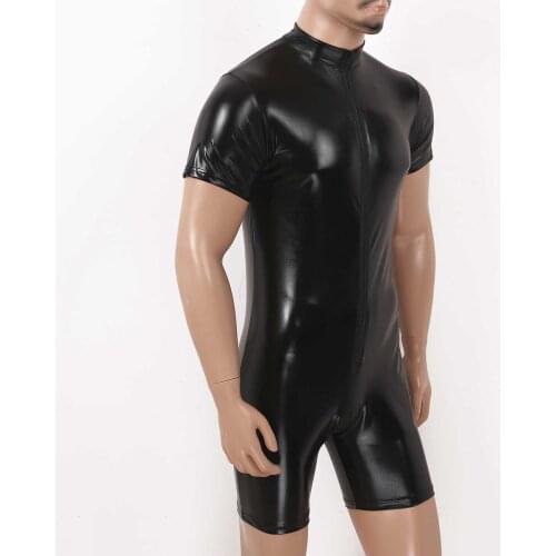 Wet Look Latex Catsuit PU Leather Zipper Jumpsuits Black Stretch PVC Bodysuits Sexy Clubwear Mens Open Crotch Lingerie Body Suit