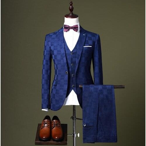 2021 Mens Autumn New Fashion and Handsome Plaid Jacquard Suit Youth Single Buckle Business Professional Work Suit Three Pieces