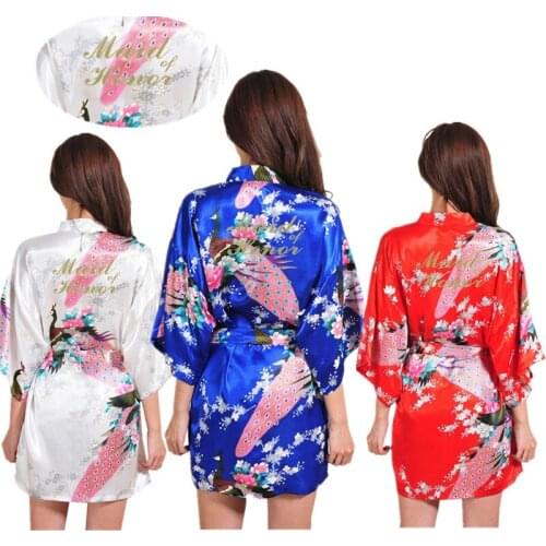 Wholesale Maid of Honor Gold Glitter Peacock Women Kimono Robe Satin Short Floral BathRobe Dressing Gowns for Wedding Party T17
