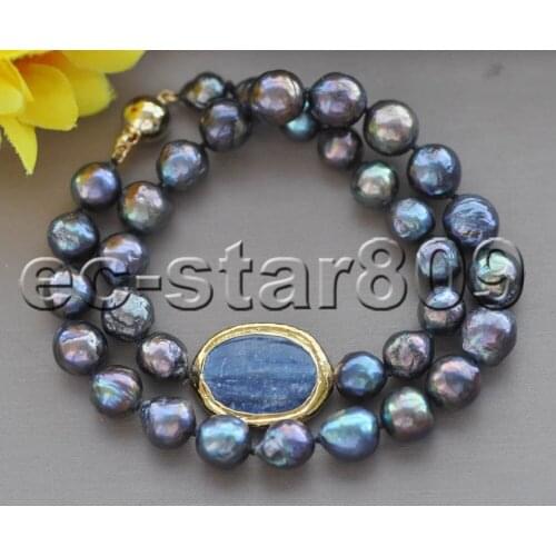 Z11118 17" 28mm Blue Crystal Black Almost Round Edison Keshi Pearl Necklace Choker