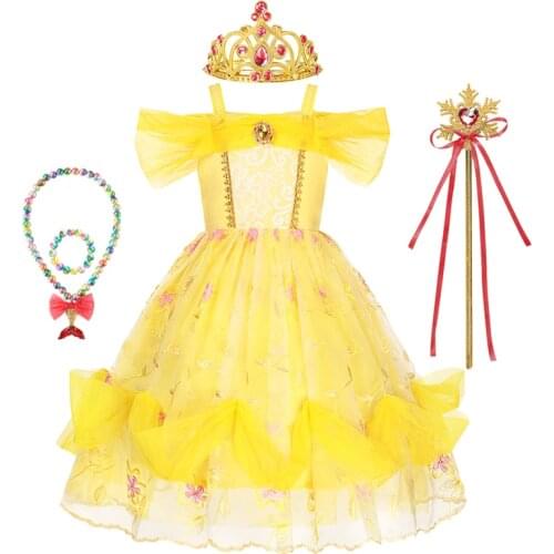 Princess Belle Dress for Girl Kids Floral Ball Gown Child Cosplay Bella Beauty and The Beast Costume Fancy Party