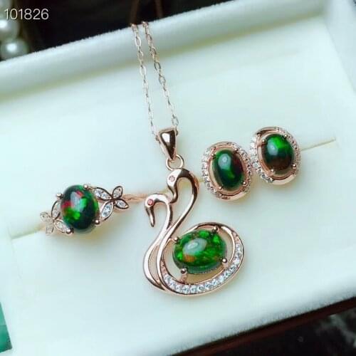 The Best Gift for Your loved wife Black Opal Set 925 sterling silver Natural Black Opal Set 1pc Ring,2pcs Earring,1pc Pendant
