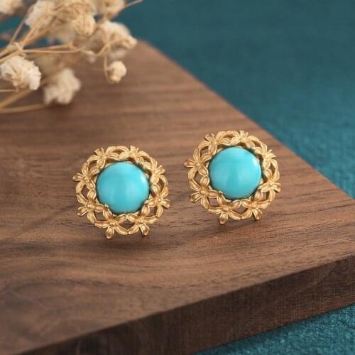 Chinese Style Gold Color Carved Flower Turquoise Stud Earrings for Womens Party Earrings Fashion Jewelry Accessories Gifts