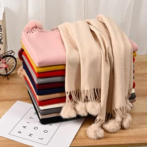 The rabbit fur ball imitation cashmere scarf increase the shawl long grid children autumn and winter students thicken scarf