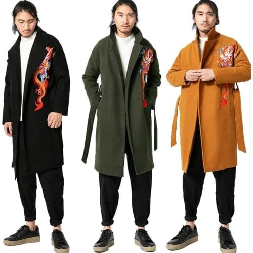 Embroidered Woolen Coat Male Male Long Trench Coat Retro Woolen Overcoats Youth Trend Stand Collar Windbreaker Autumn KK3270