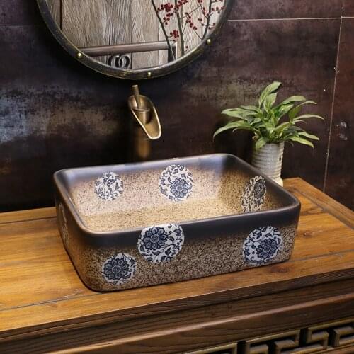 Blue And White Porcelain Art Basin Chinese Restoration Ceramic Washing Basin Jingdezhen Rectangular Antique bathroom sink