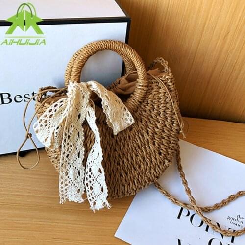 Ladies Straw Handbag 2021 Summer New Style Semicircle Shape Lace Bow Rattan Bag Fashion Drawstring Beach Shoulder Crossbody Bags