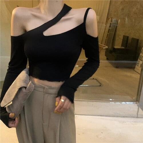 Cold shoulder long sleeve halter neck hollow out streetwear y2k plain tshirt tee black green sexy crop top t shirt women C271