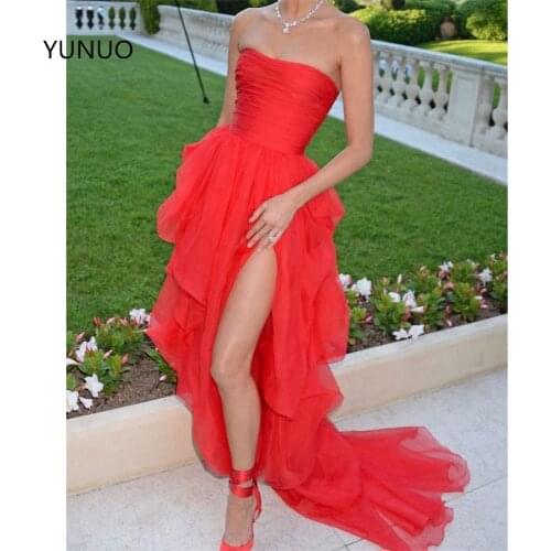YUNUO Sexy Red Strapless Evening Celebrity Dresses Side Slit Prom Dress robe de soirée Chiffon A Line Party Gowns with Train