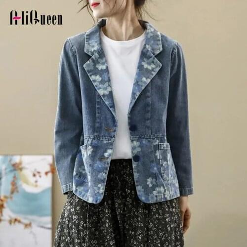 Vintage Female Floral Print Noched Blazer Denim Jacket Chaquetas Mujer Blue Black Outerwear Woman Jean Coats and Jackets Women