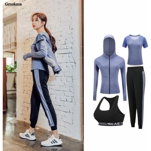 Quick Dry Women Yoga 2/3/4 Piece Set Hooded Coats+Bra+Mesh T Shirt+Pants Outdoor Running Sportswear Clothing Fitness Gym Suits