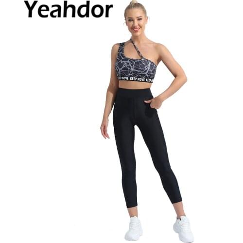 2021 Women Two Pieces Sportwear Workout Outfits Sleeveless One Shoulder Detachable Pad Top High Waist Leggings Yoga Suit