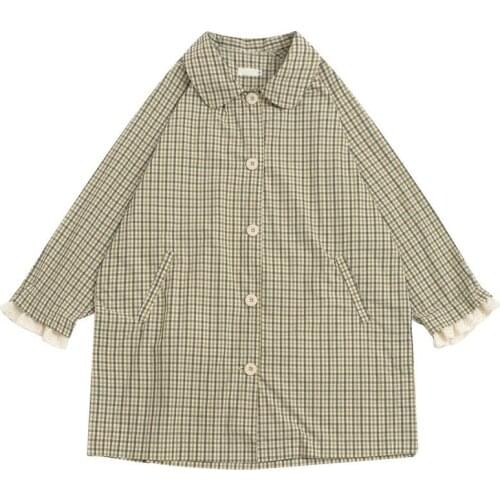 Women Plaid Thin Trench Coats 2021 Autumn Ruffles Lace Plaid Printed Loose Mid-length Outwear Coat Single-breasted Outwear