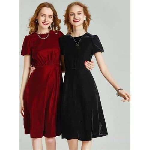 Autumn 2020 New Velvet Dress women summer solid empire short puff sleeve dress Office Lady Knee-Length Dress Plus Size M-6XL